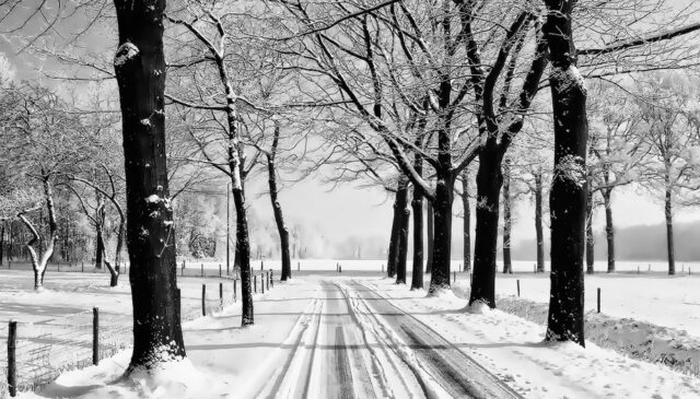 Verschneite Winterlandschaft mit Fahrspuren im Vordergrund