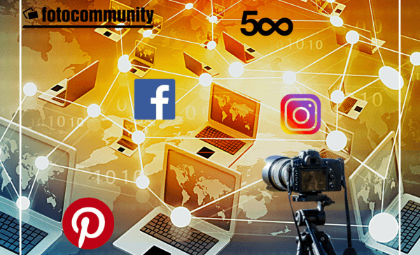 Vernetzte Laptops mit Kamera und Logos der Netzwerke 500px, Facebook, Pinterest, Instagram und der Fotocommunity