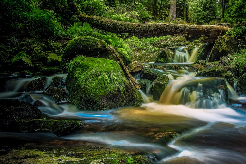 Langzeitbelichtung eines Bachlaufes im Harz, fotografiert mit ND8 und ND64 und CPL aus dem Filtersystem KF Concept Nano X Pro.